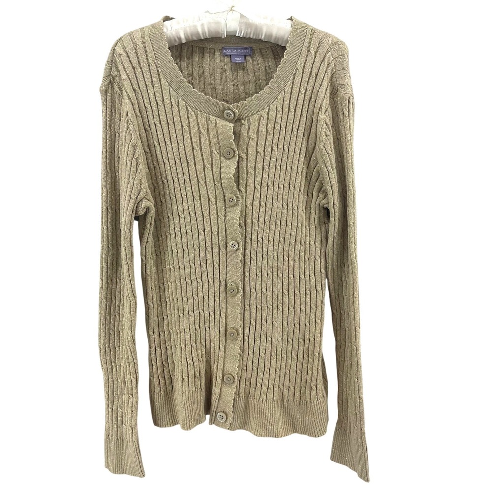 Laura‎ Scott Cable Knit Shimmer Cardigan Sweater Womens XL Gold Scallop Bella